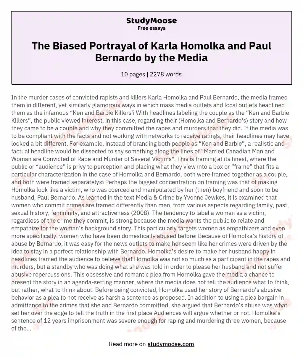 The Biased Portrayal of Karla Homolka and Paul Bernardo by the Media essay