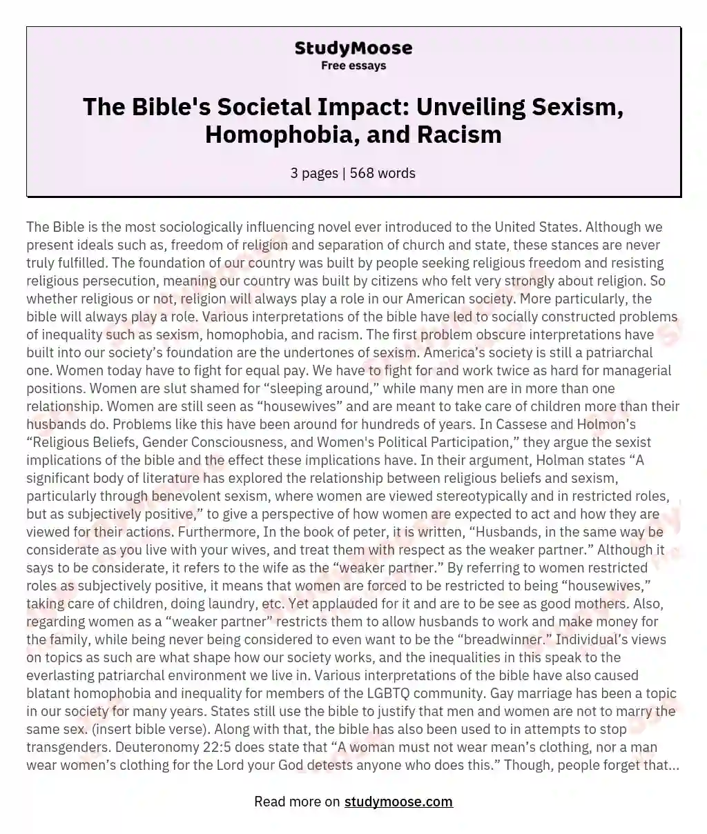 The Bible's Societal Impact: Unveiling Sexism, Homophobia, and Racism essay