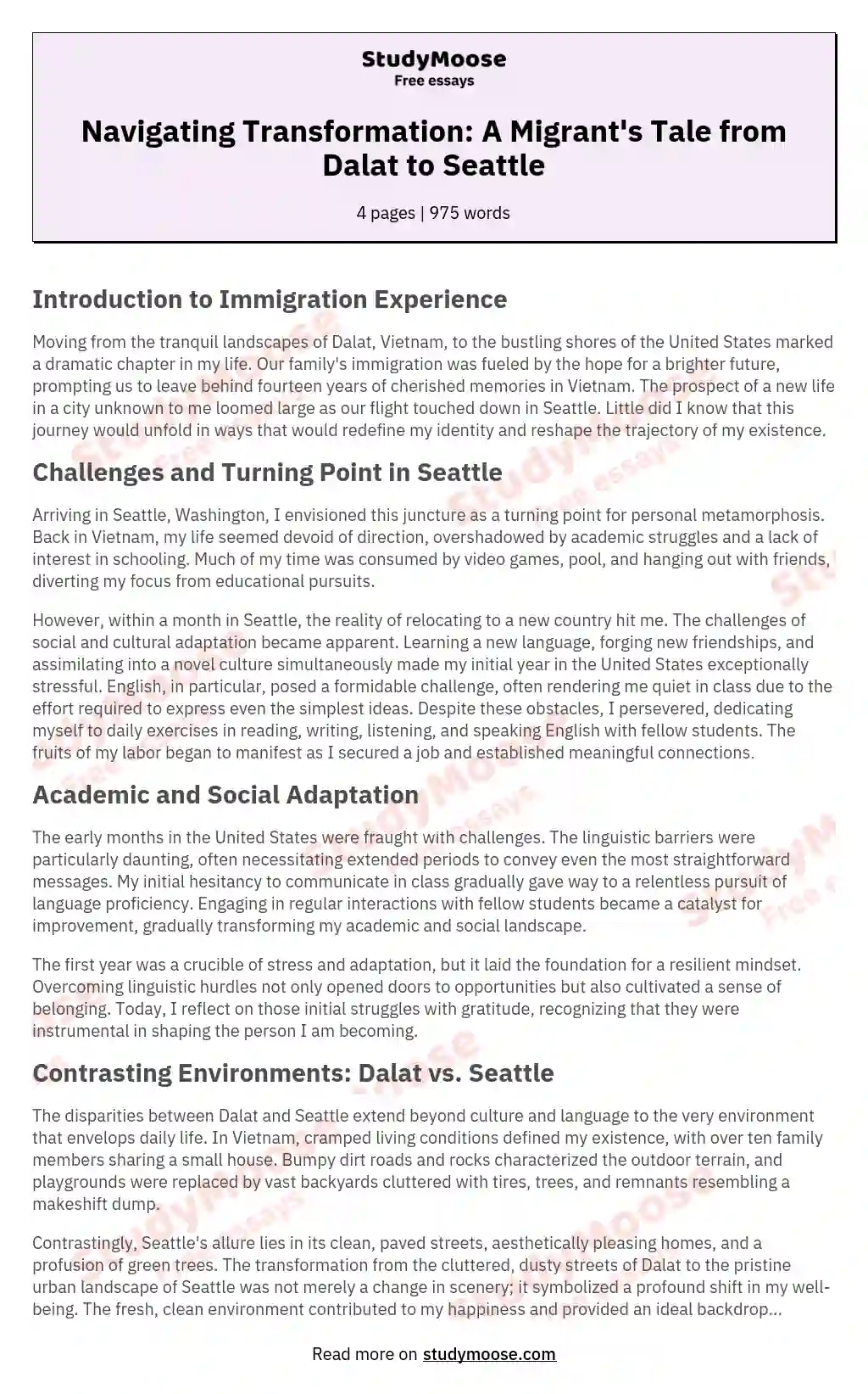 Navigating Transformation: A Migrant's Tale from Dalat to Seattle essay