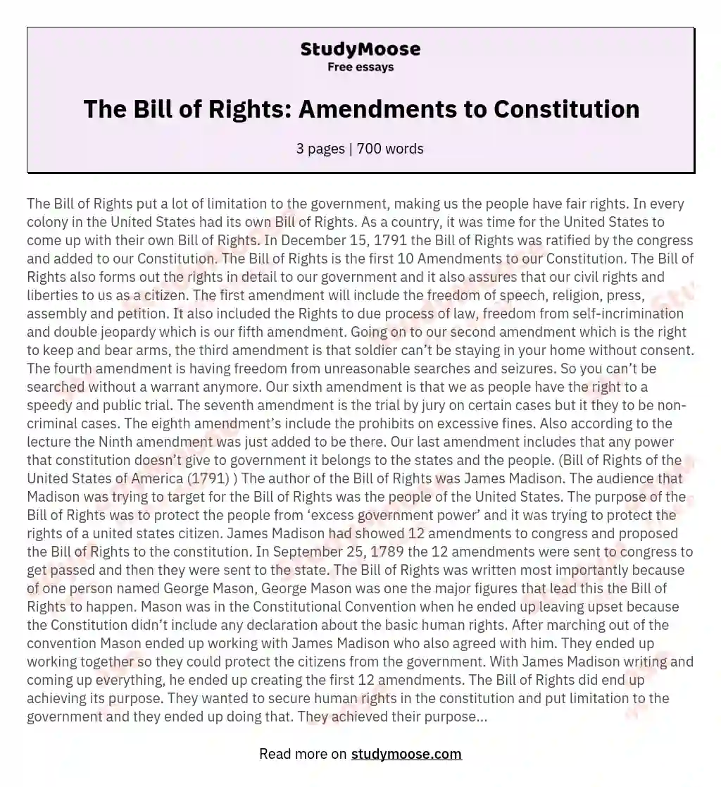 The Bill of Rights: Amendments to Constitution