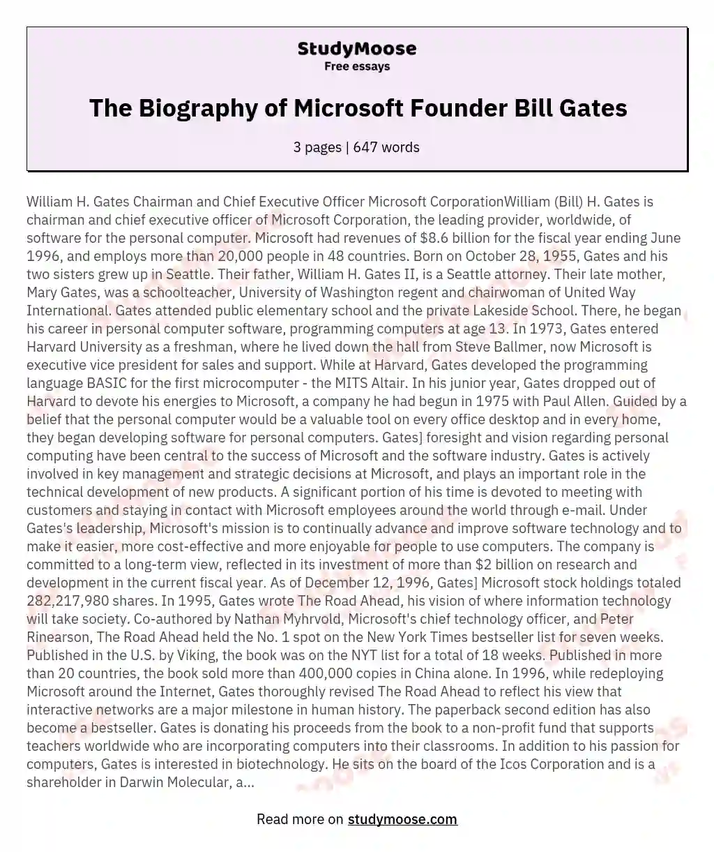 The Biography of Microsoft Founder Bill Gates essay