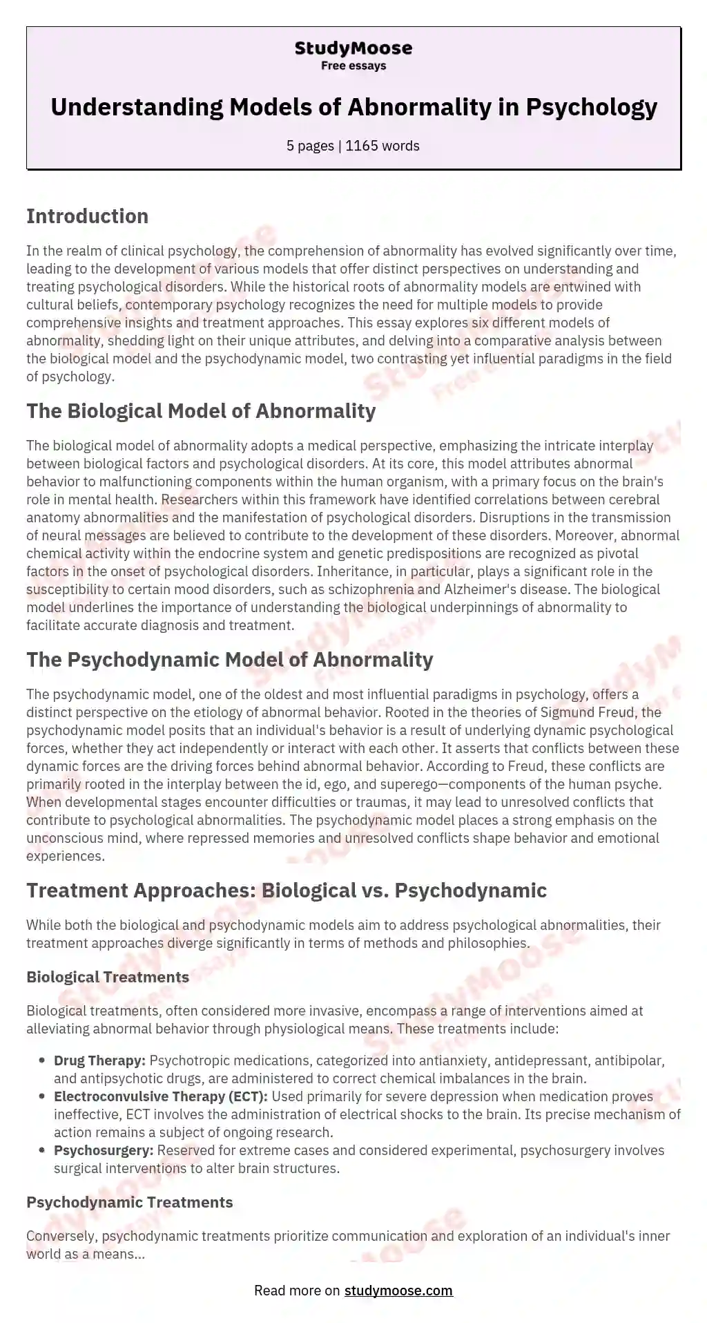 Understanding Models of Abnormality in Psychology essay