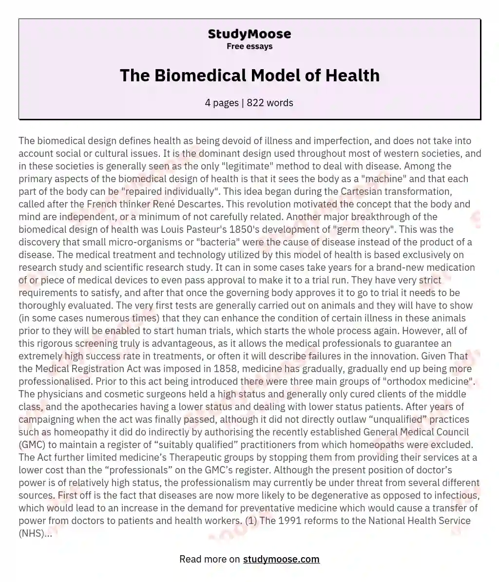 The Biomedical Model of Health essay