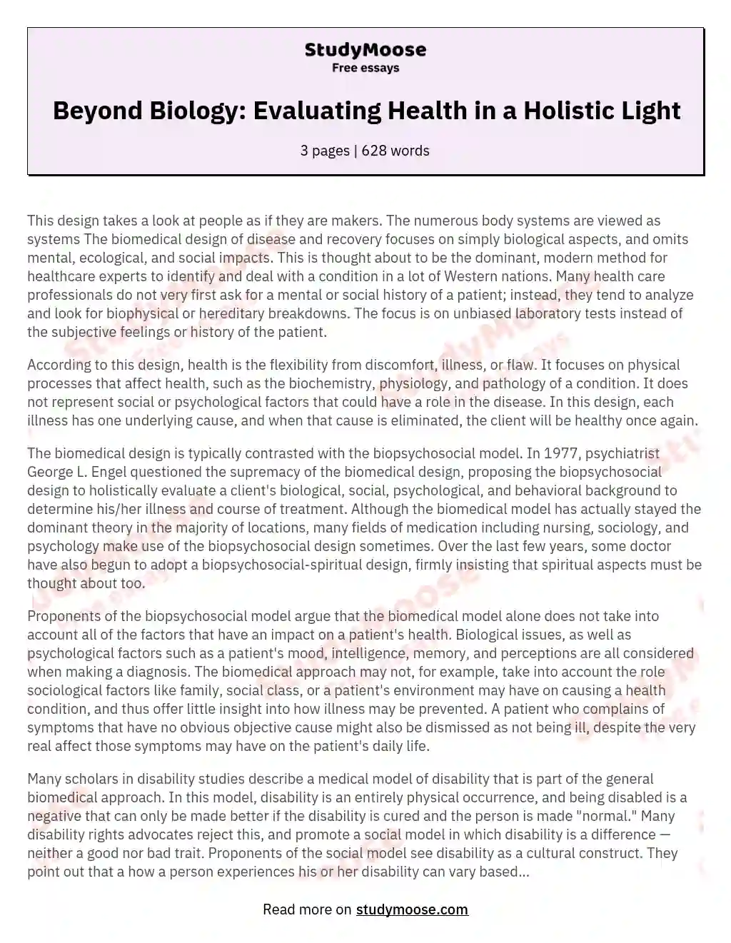 Beyond Biology: Evaluating Health in a Holistic Light essay