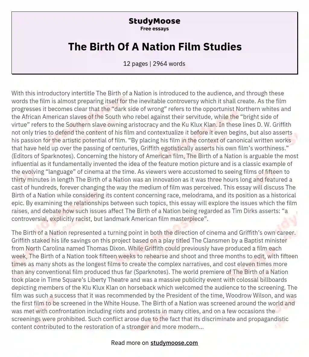 The Birth Of A Nation Film Studies essay