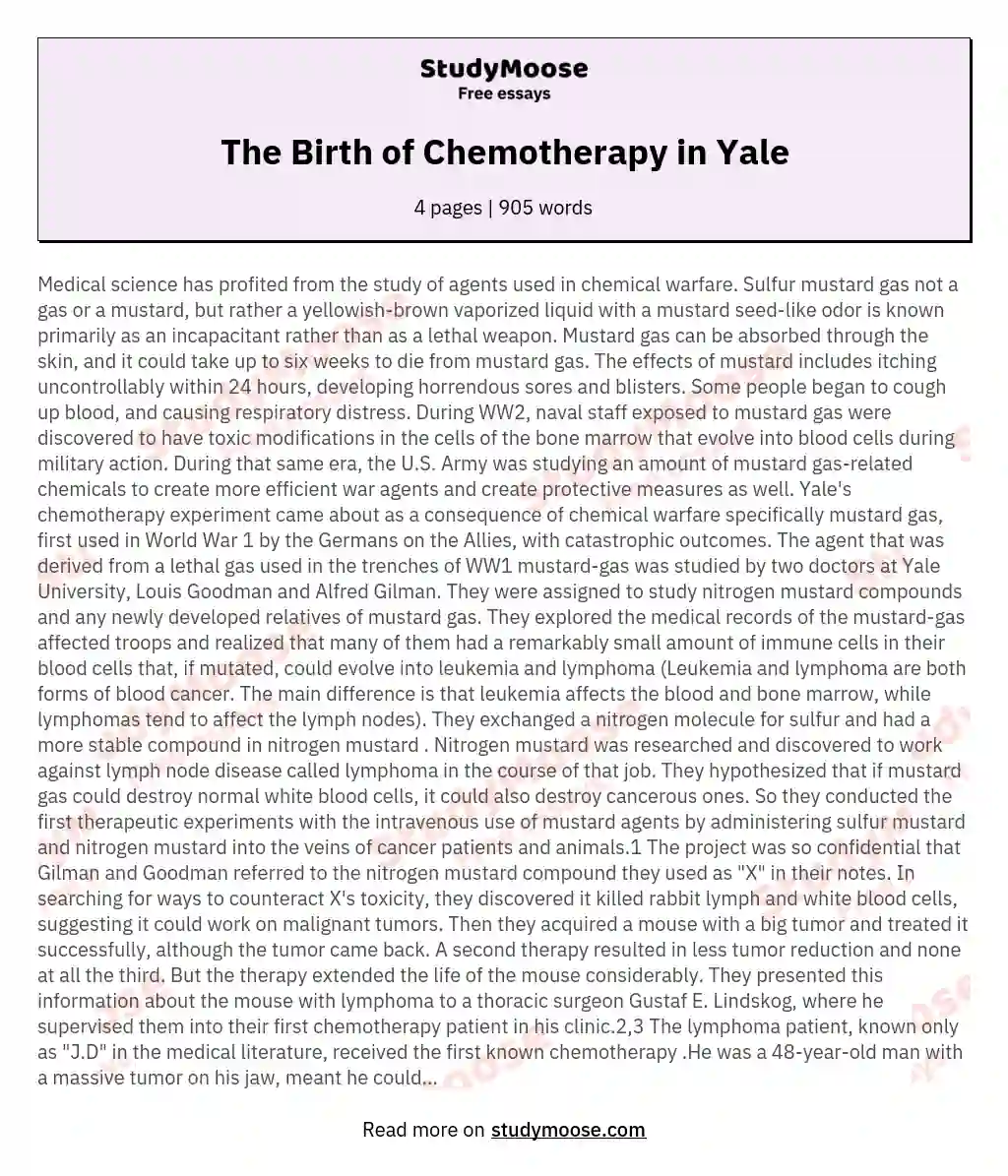 The Birth of Chemotherapy in Yale essay