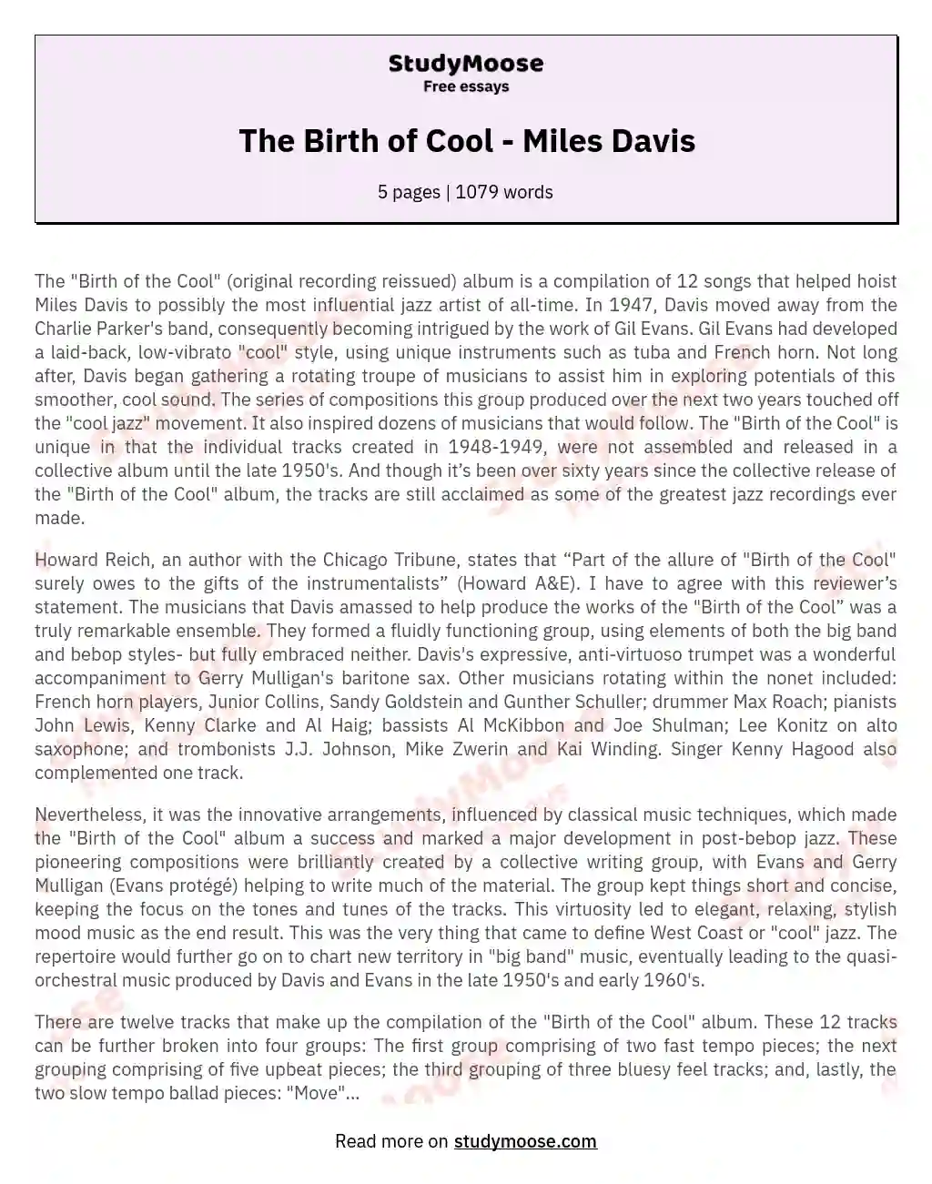 The Birth of Cool - Miles Davis essay