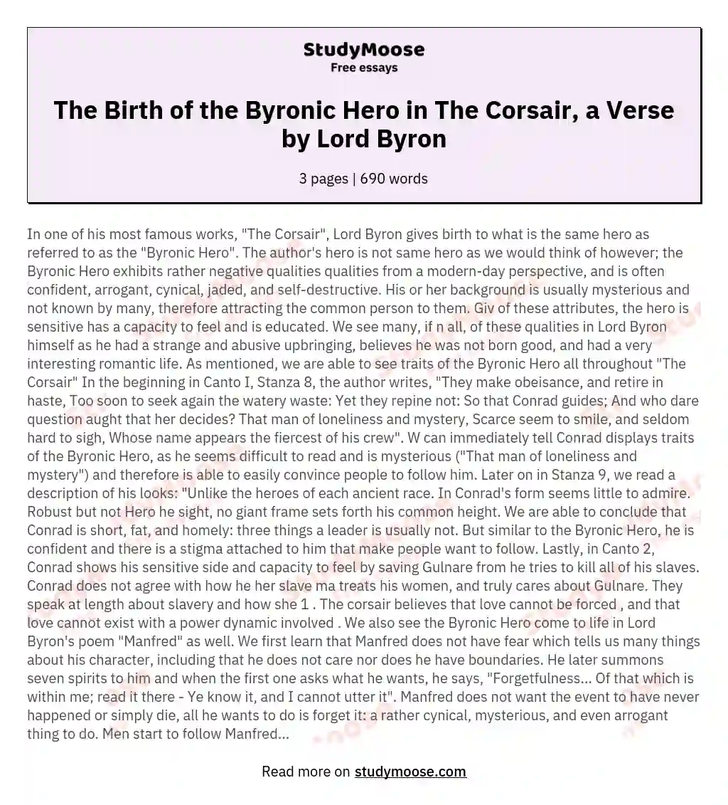 The Birth of the Byronic Hero in The Corsair, a Verse by Lord Byron essay