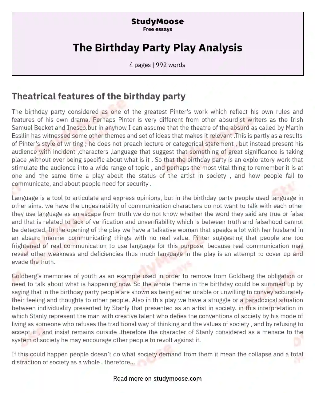 The Birthday Party Play Analysis essay