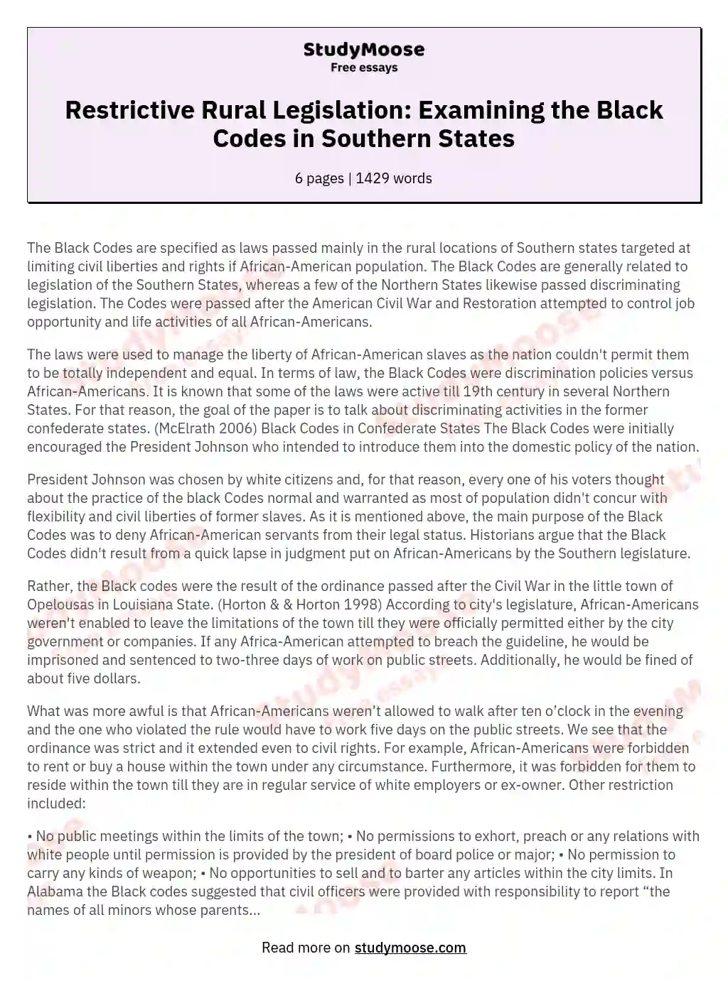Restrictive Rural Legislation: Examining the Black Codes in Southern States essay