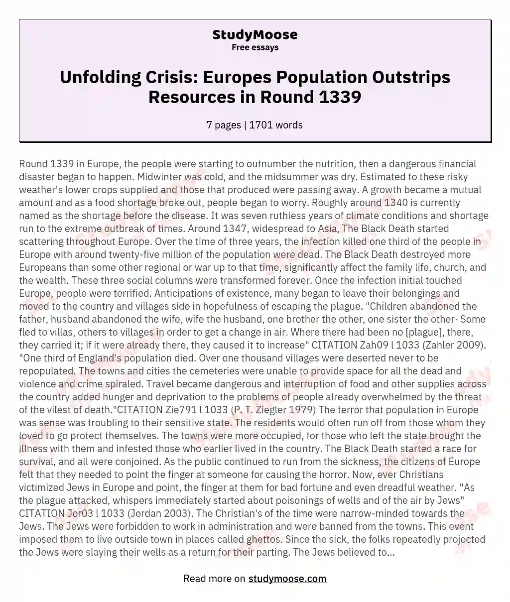Unfolding Crisis: Europes Population Outstrips Resources in Round 1339 essay