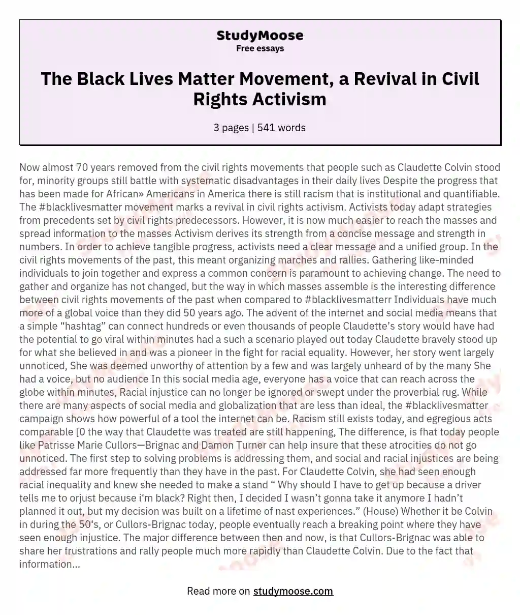 The Black Lives Matter Movement, a Revival in Civil Rights Activism essay