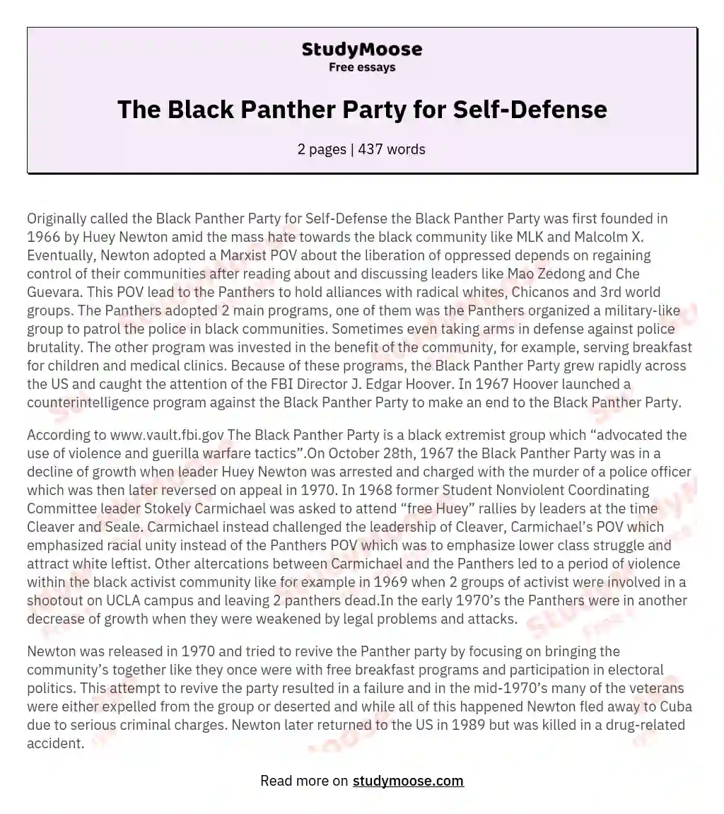 The Black Panther Party for Self-Defense essay