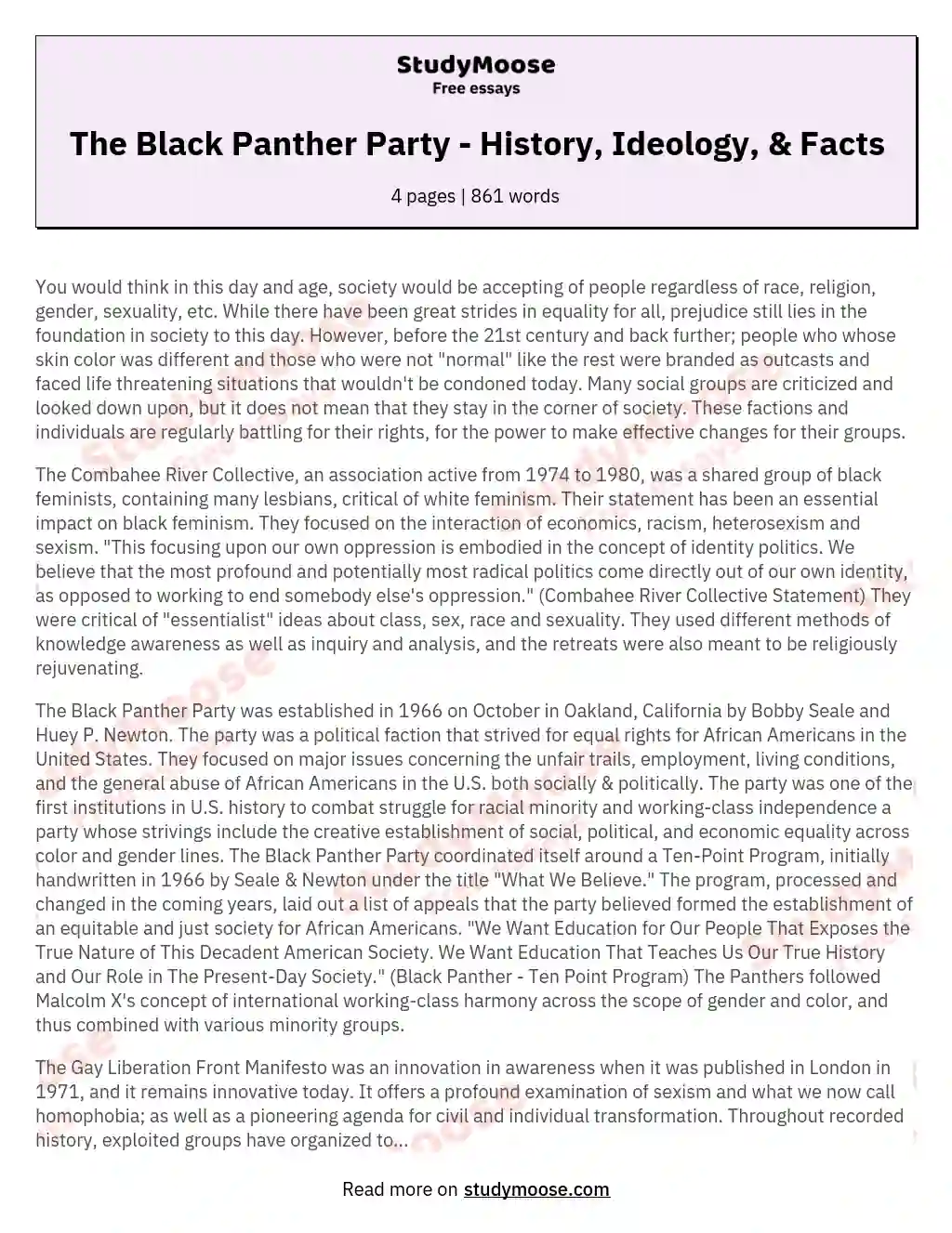 The Black Panther Party - History, Ideology, & Facts essay
