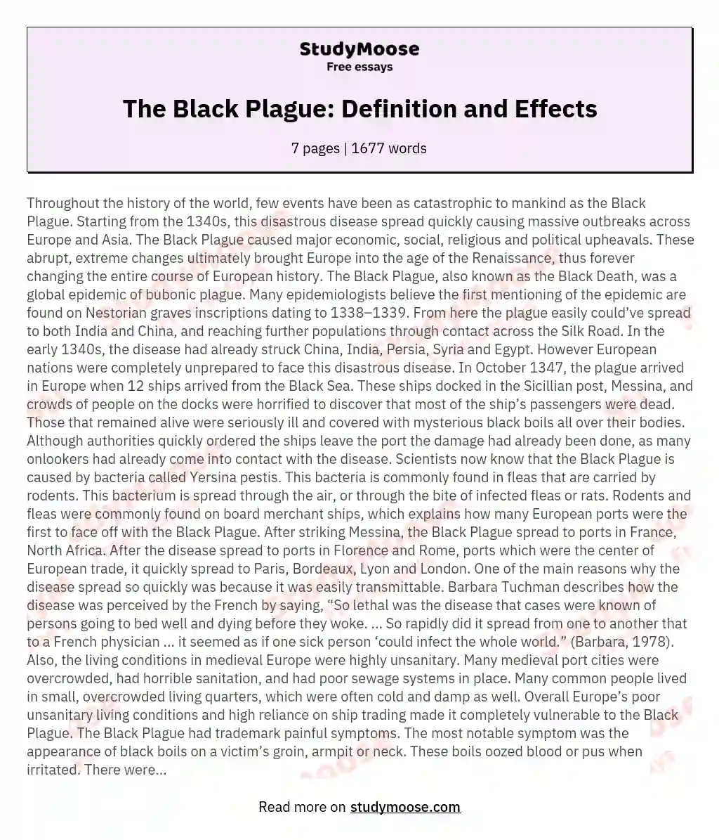 The Black Plague: Definition and Effects essay
