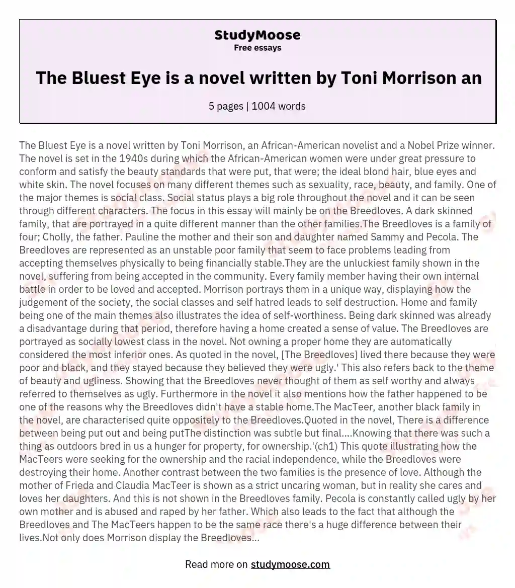 The Bluest Eye is a novel written by Toni Morrison an essay