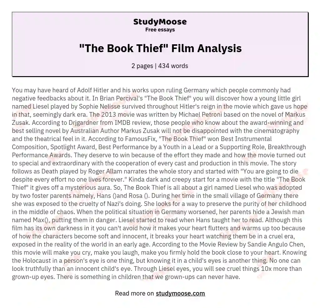 "The Book Thief" Film Analysis essay