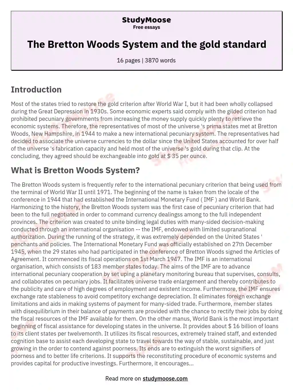 The Bretton Woods System and the gold standard essay