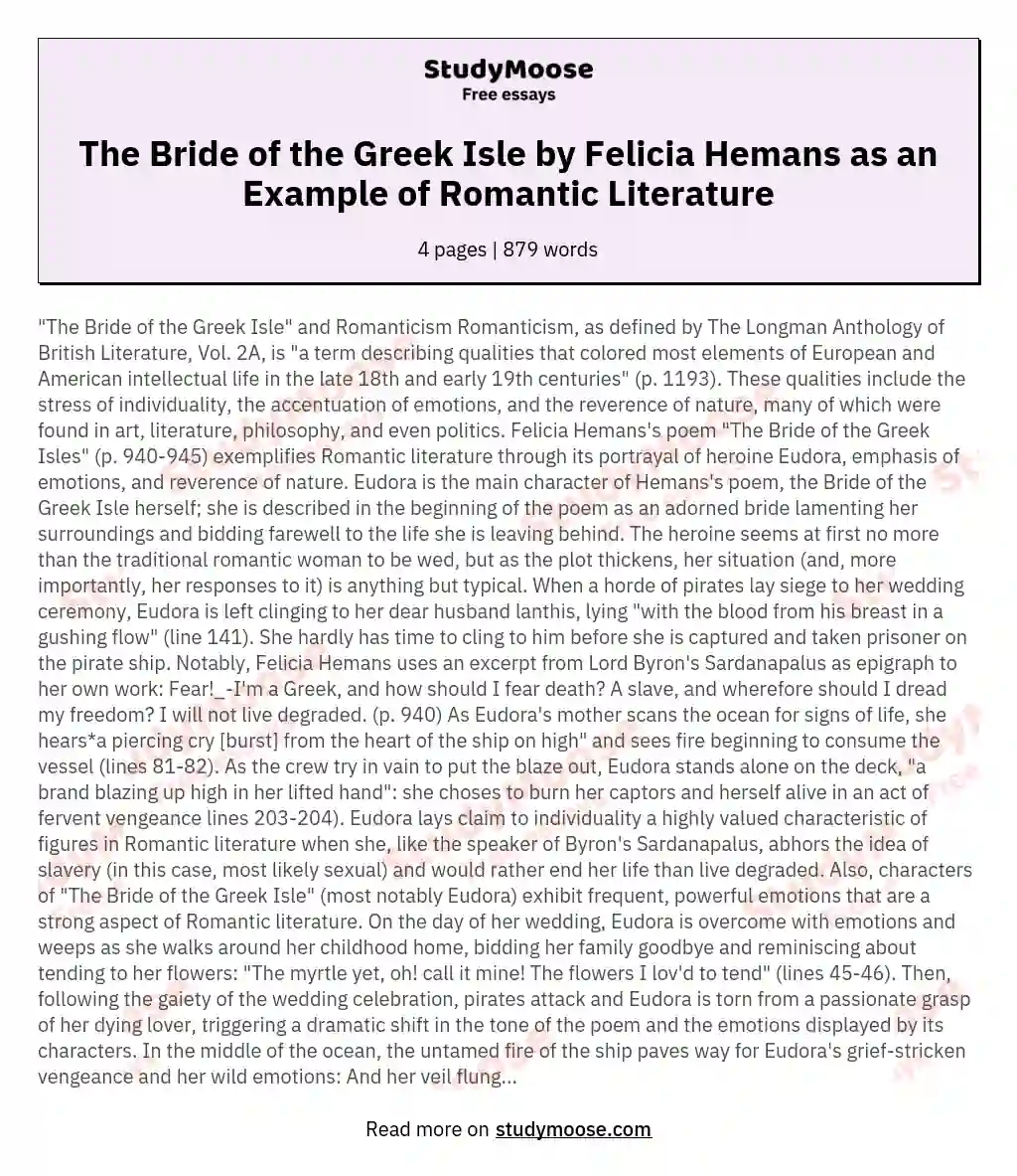 The Bride of the Greek Isle by Felicia Hemans as an Example of Romantic Literature essay