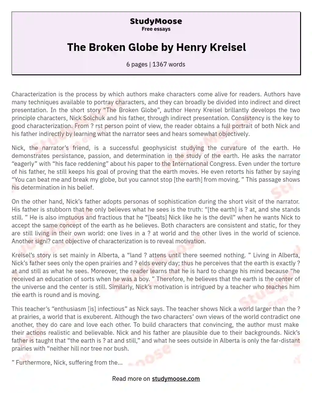 The Broken Globe by Henry Kreisel essay