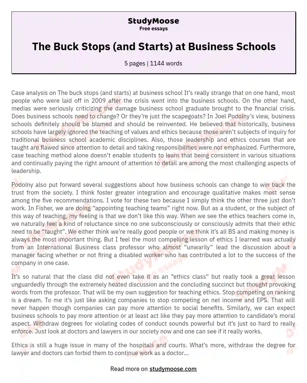 The Buck Stops (and Starts) at Business Schools essay