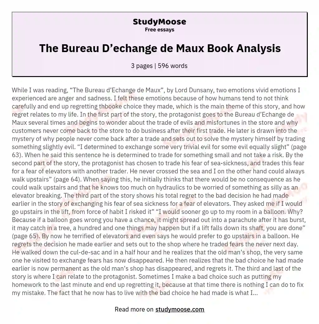 The Bureau D’echange de Maux Book Analysis essay