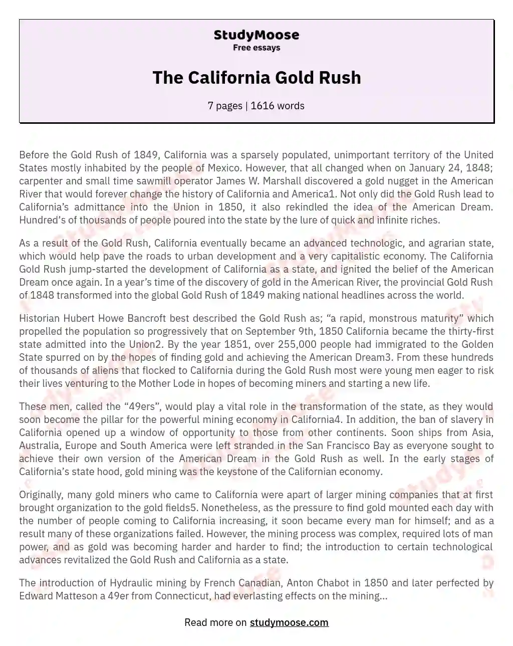 The California Gold Rush: Shaping a State essay