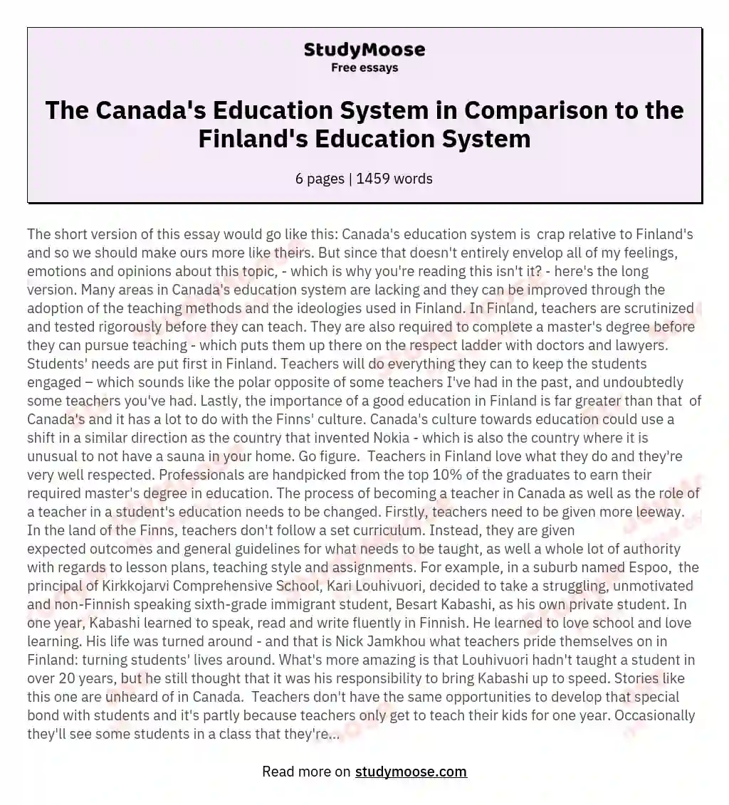 The Canada's Education System in Comparison to the Finland's Education System essay