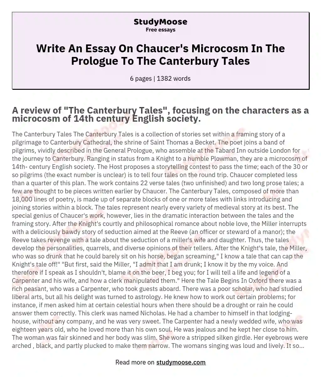 Write An Essay On Chaucer's Microcosm In The Prologue To The Canterbury Tales