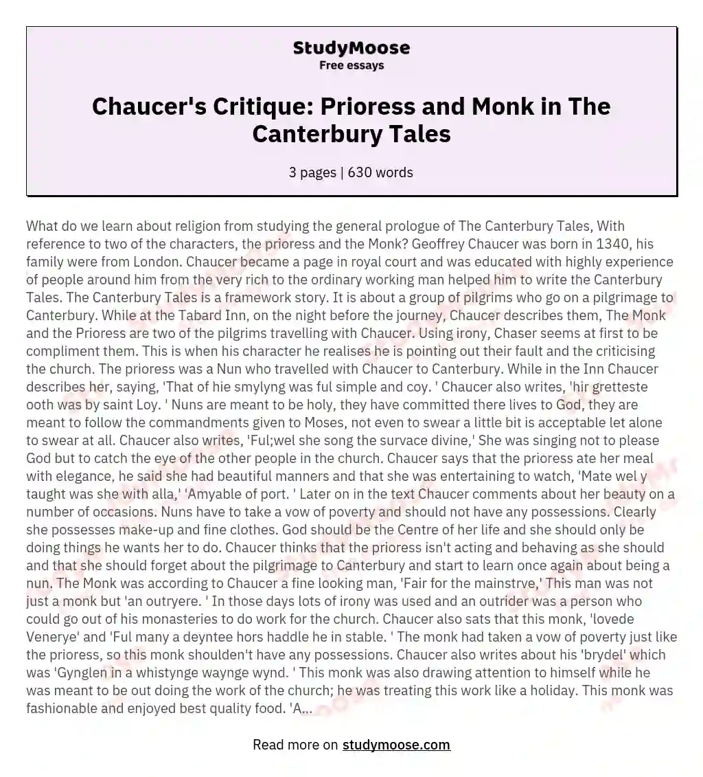 Chaucer's Critique: Prioress and Monk in The Canterbury Tales essay