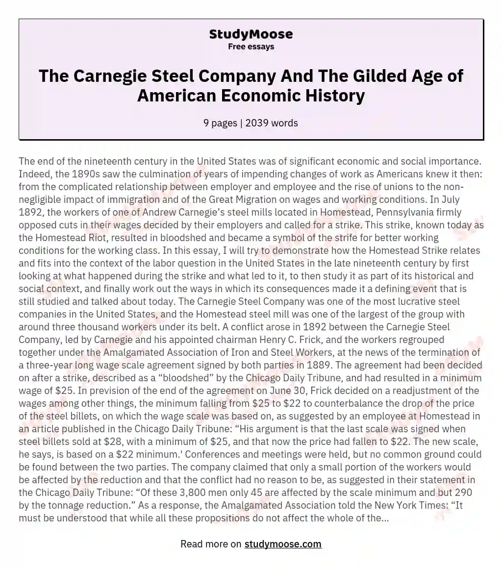 The Carnegie Steel Company And The Gilded Age of American Economic History essay