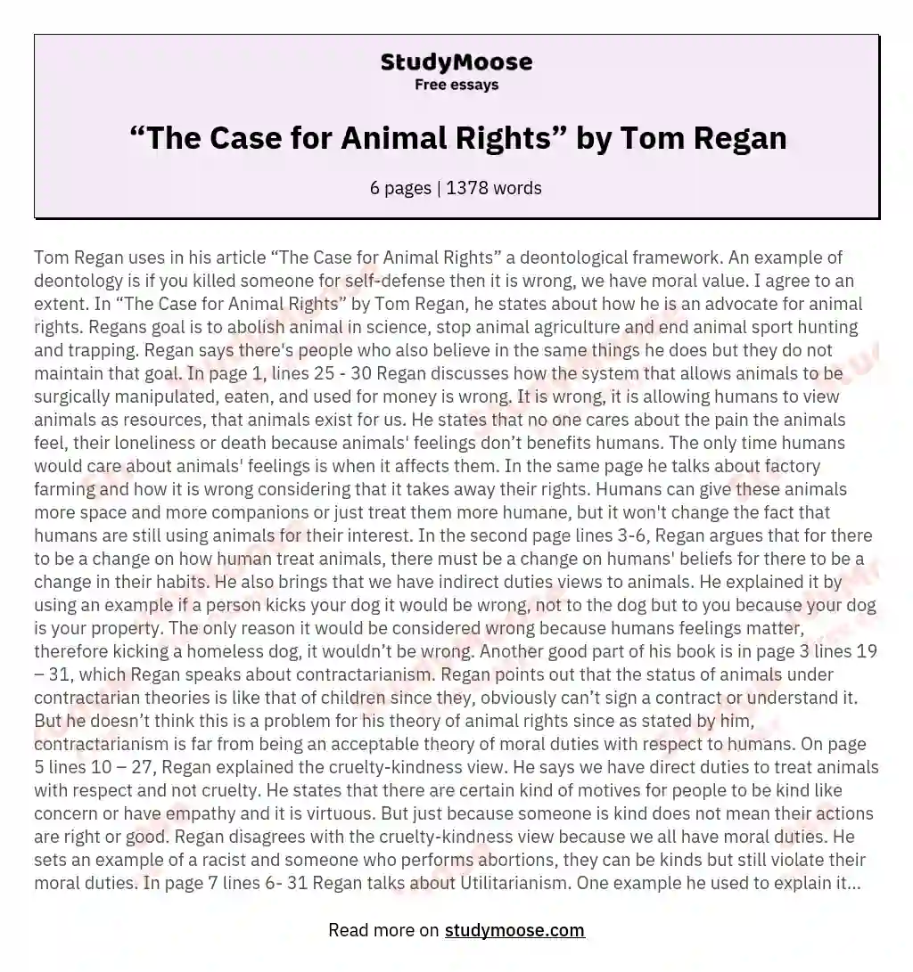 The Case for Animal Rights” by Tom Regan Free Essay Example
