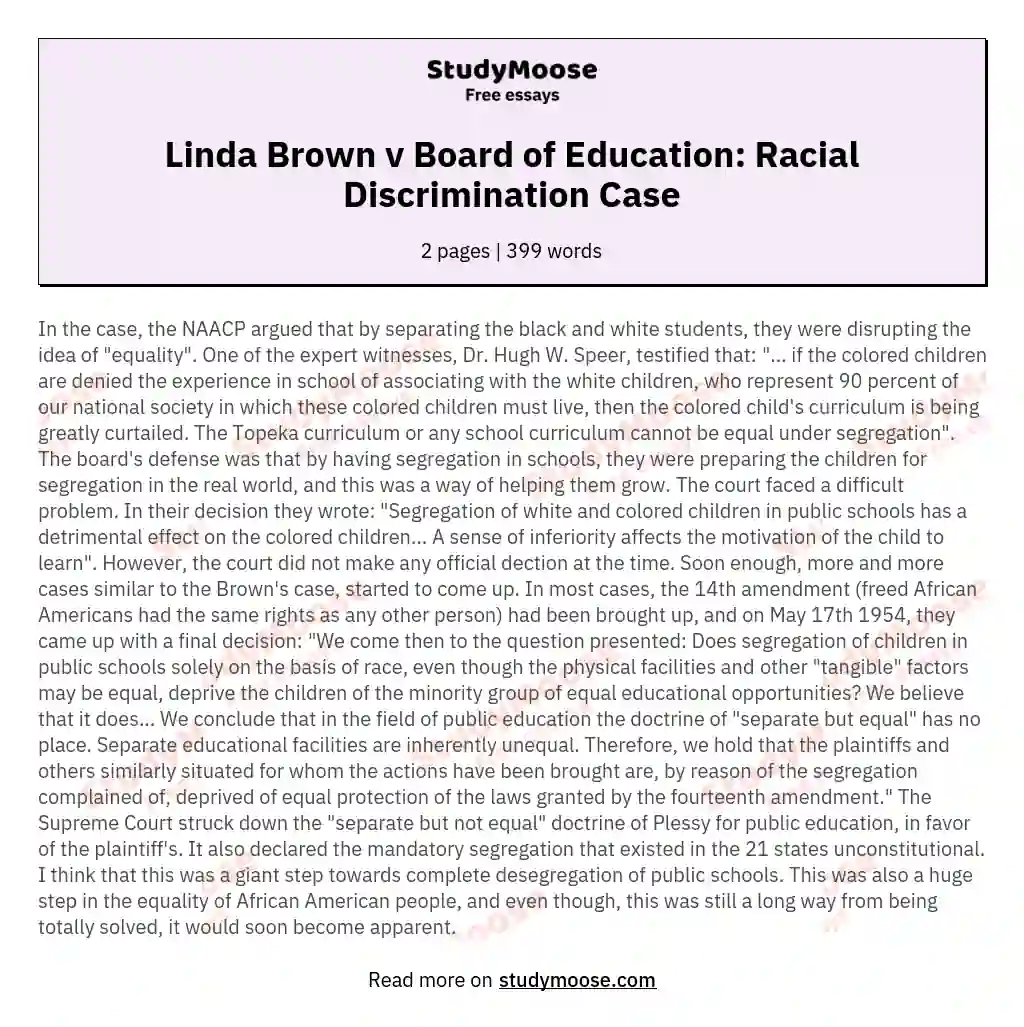 Linda Brown v Board of Education:  Racial Discrimination Case essay
