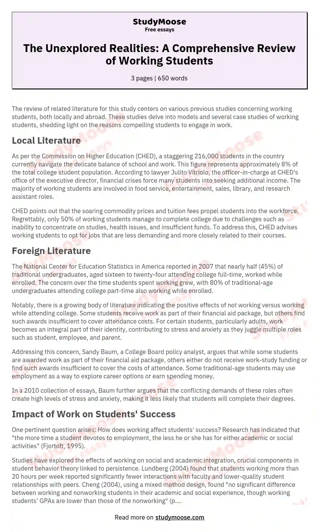 review of related literature about working students pdf