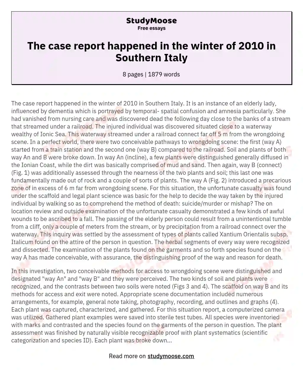 The case report happened in the winter of 2010 in Southern Italy essay
