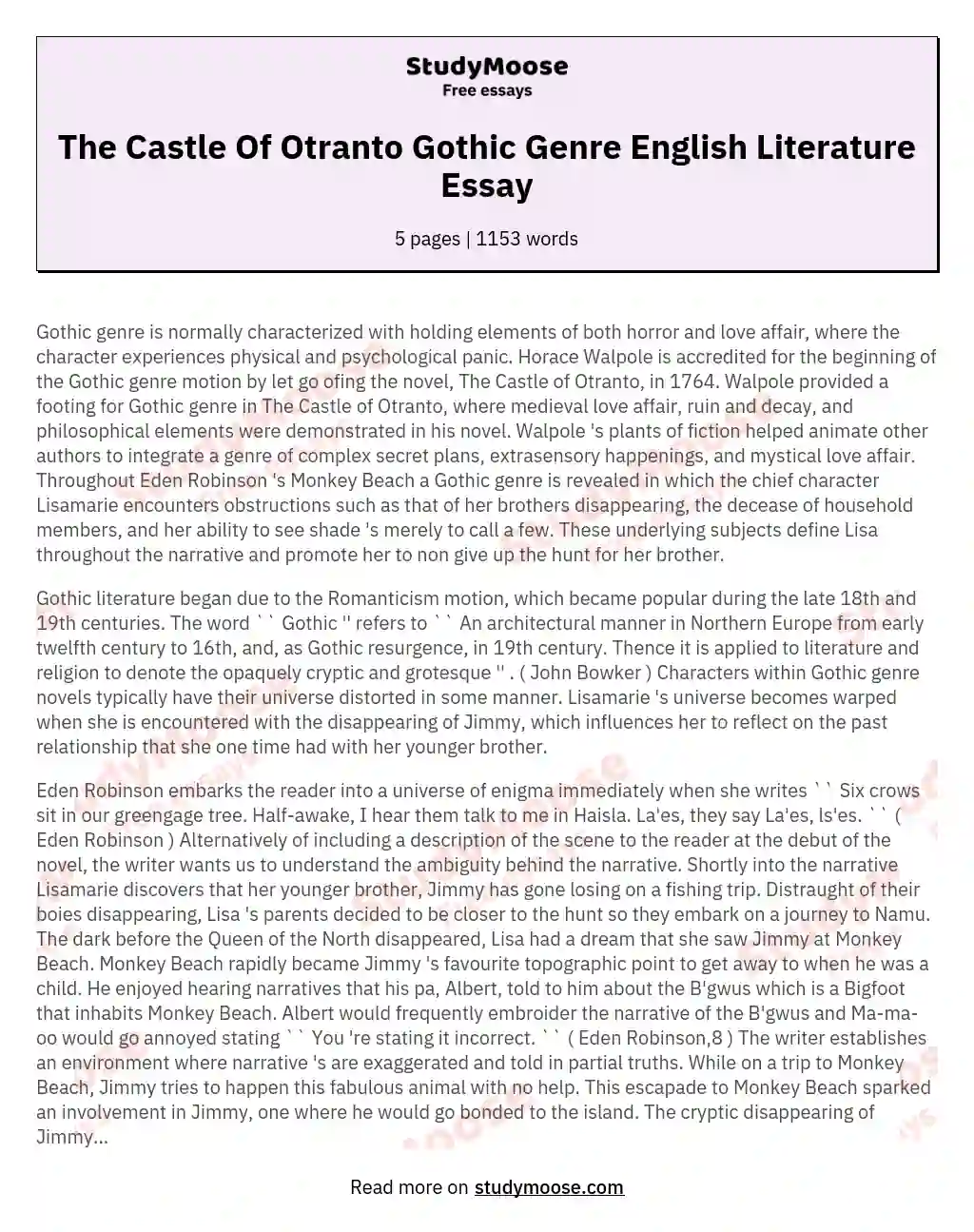 The Castle Of Otranto Gothic Genre English Literature Essay