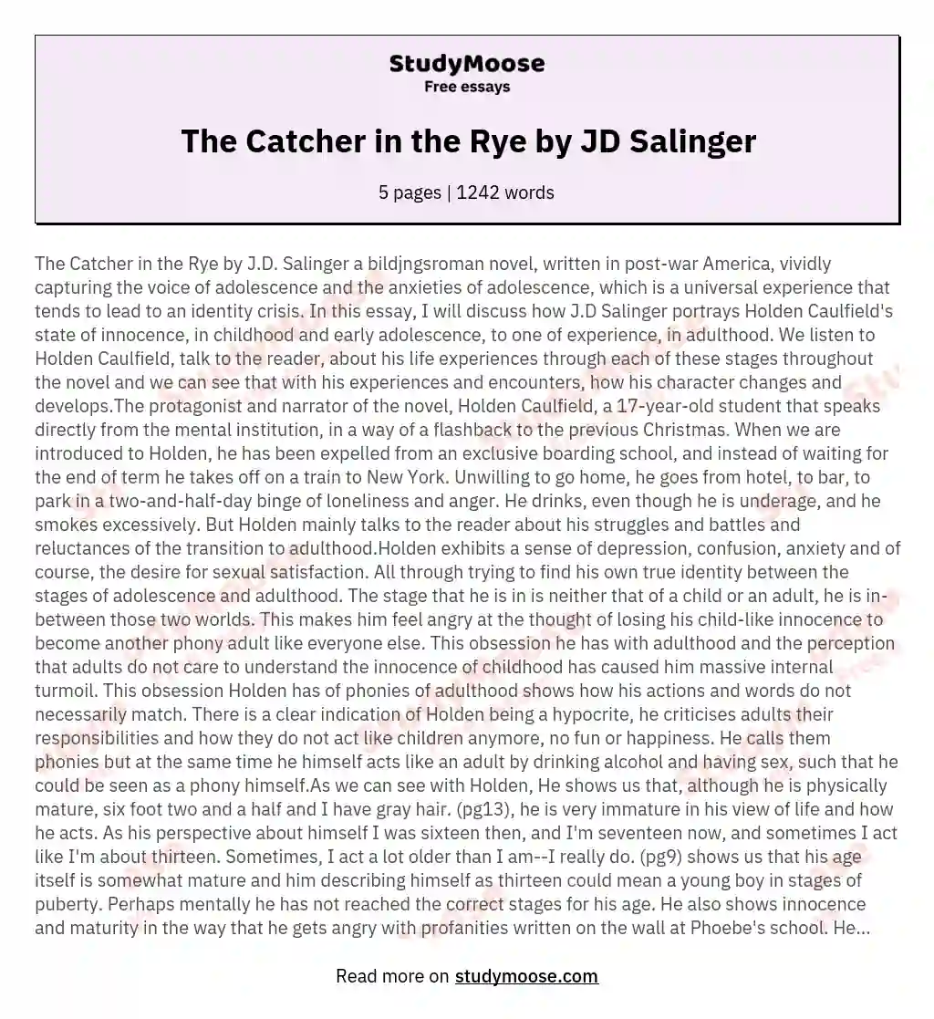 The Catcher in the Rye by JD Salinger essay