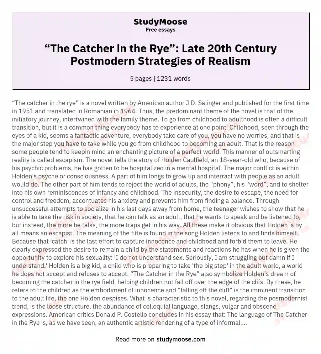 “The Catcher in the Rye”: Late 20th Century Postmodern Strategies of Realism essay