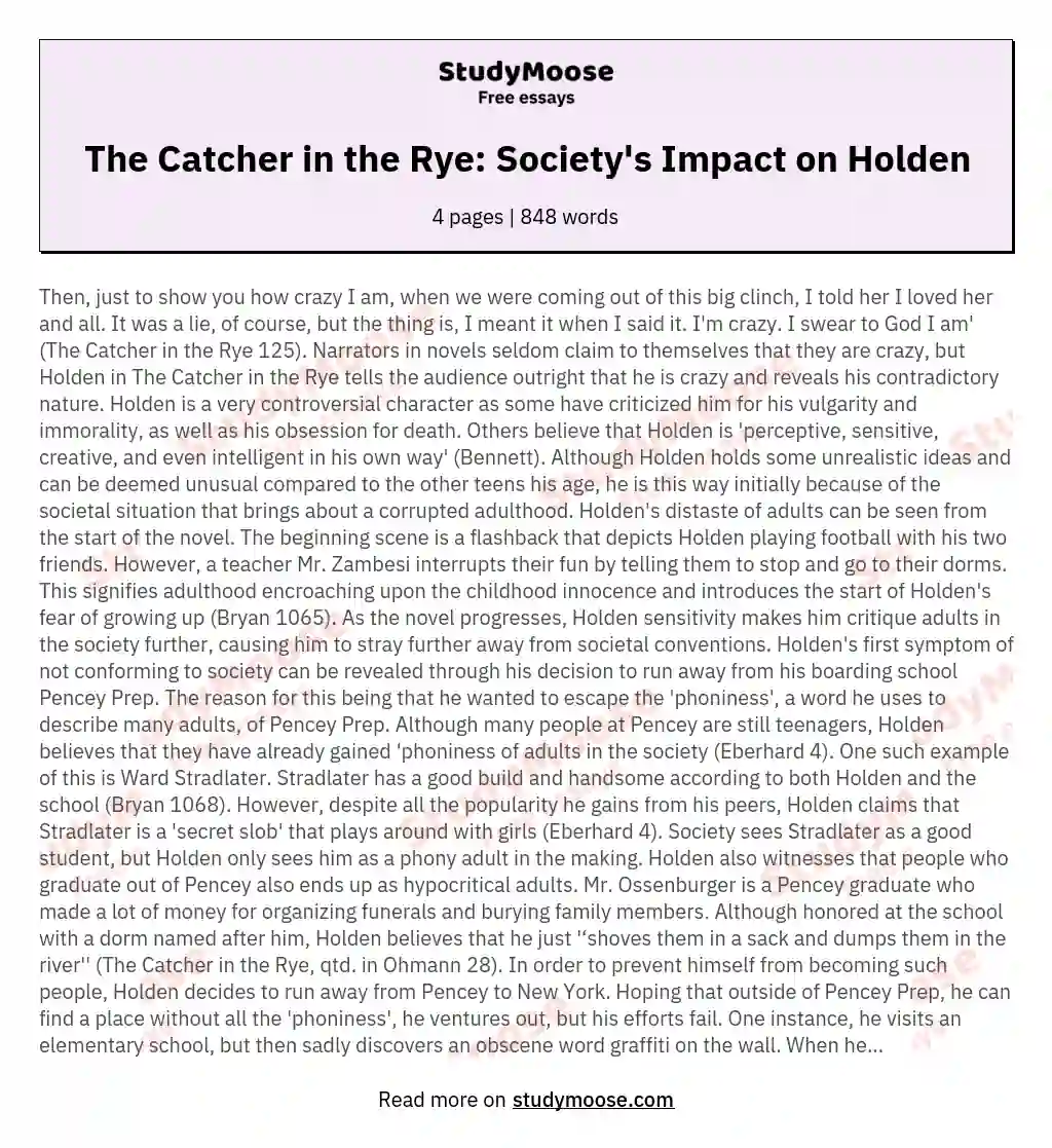 The Catcher in the Rye: Society's Impact on Holden essay