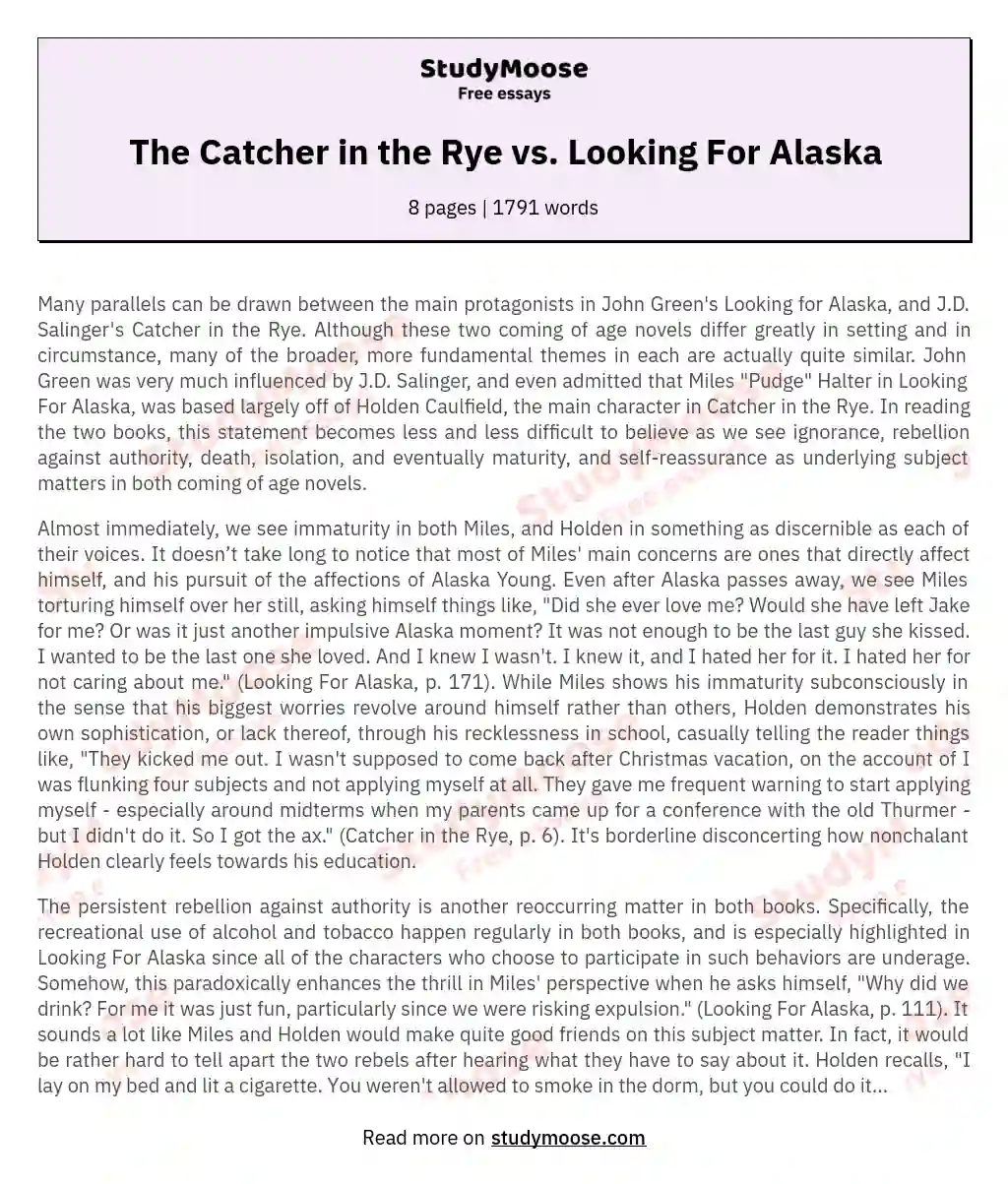 The Catcher in the Rye vs. Looking For Alaska