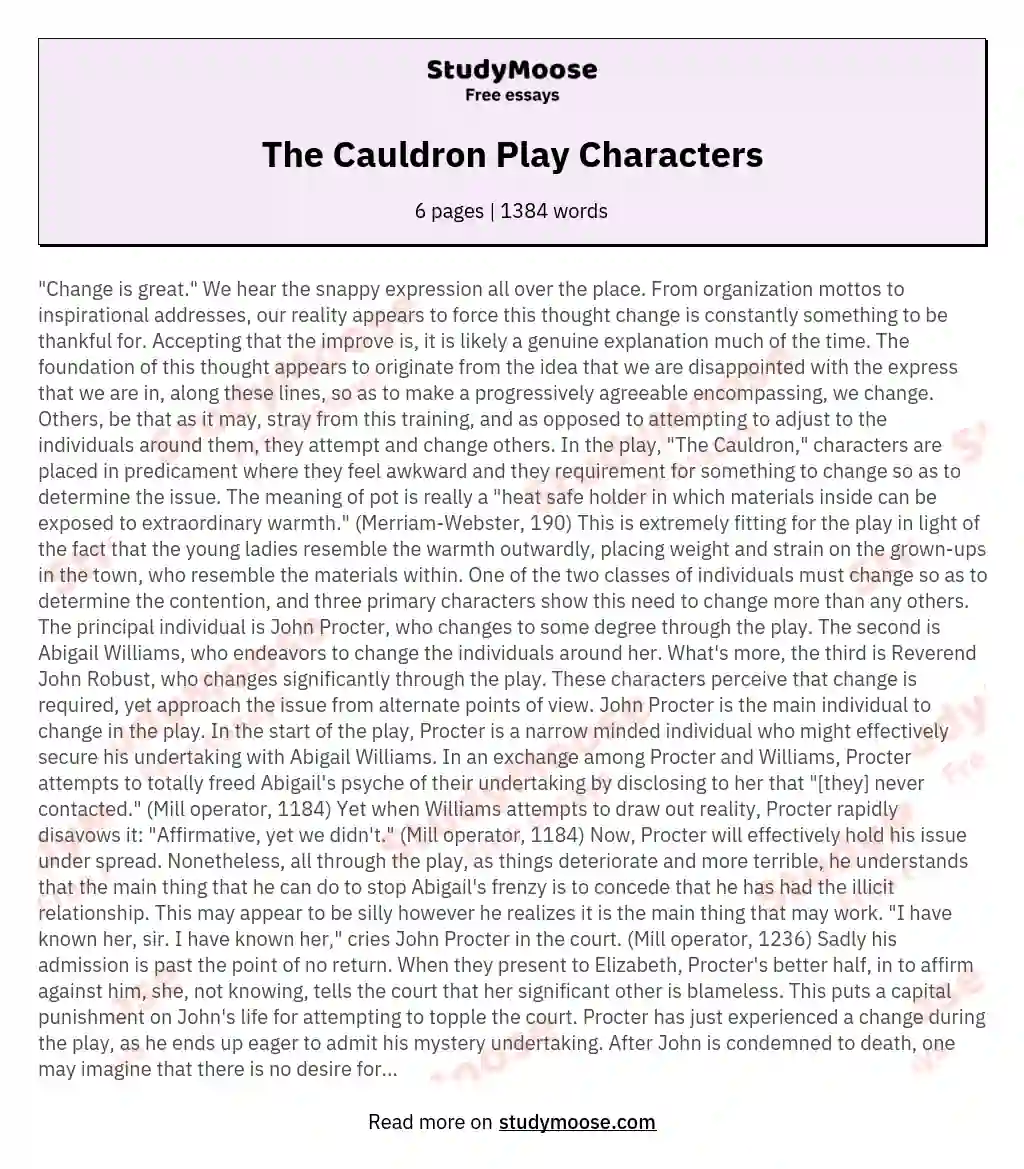 The Cauldron Play Characters essay