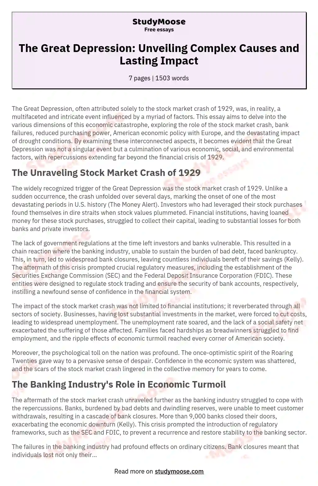 Great Depression Cause And Effect Essay Sitedoct