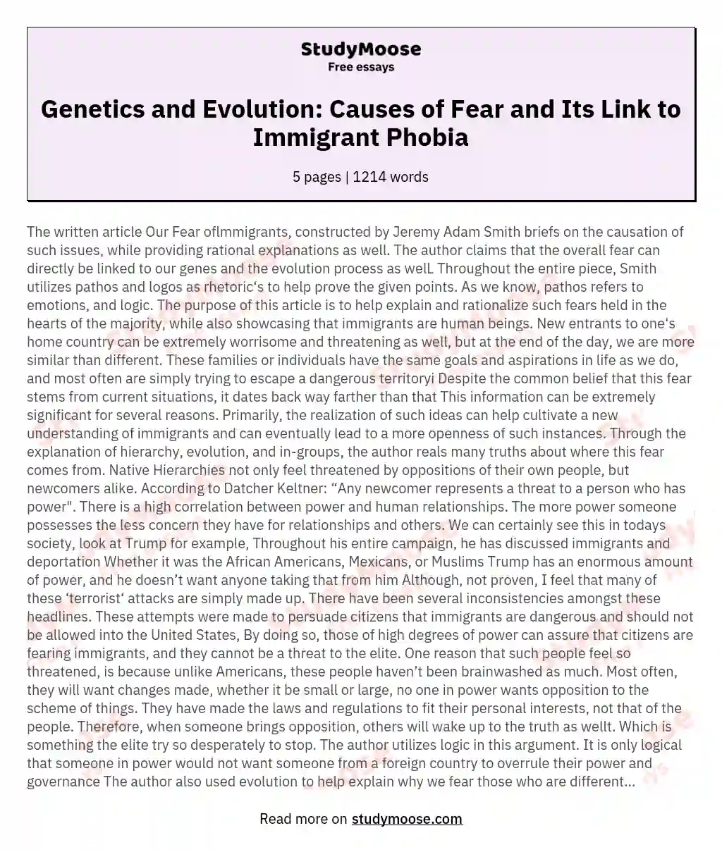 Genetics and Evolution: Causes of Fear and Its Link to Immigrant Phobia essay