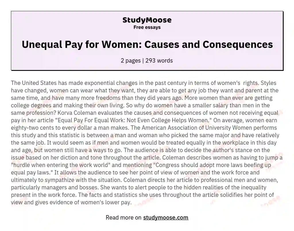 Unequal Pay for Women: Causes and Consequences essay