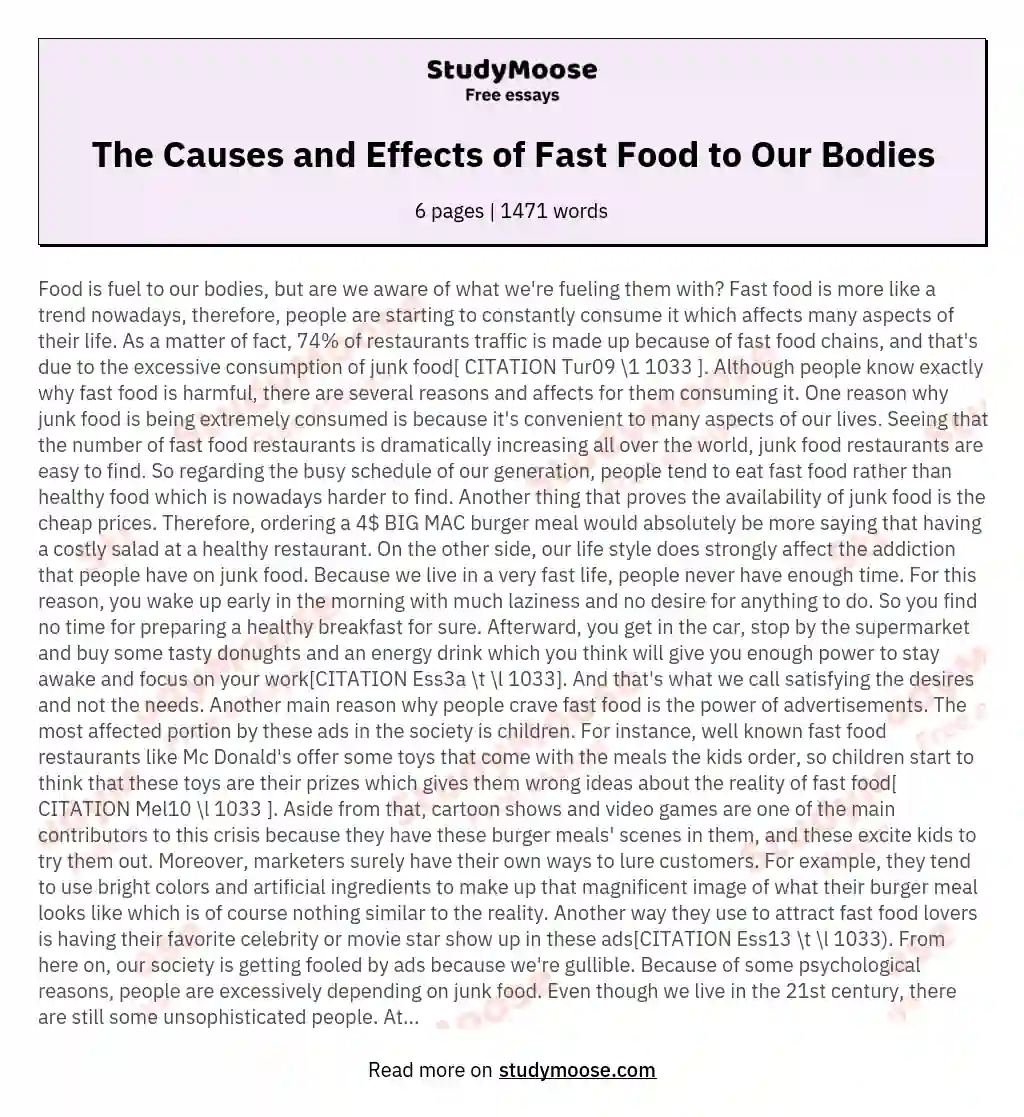 The Causes and Effects of Fast Food to Our Bodies essay