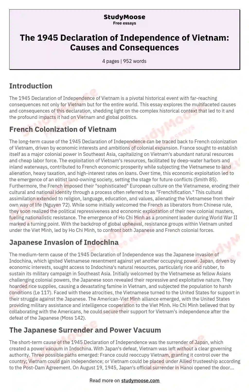 The Causes and Effects of the 1945 Vietnamese Declaration of Independence