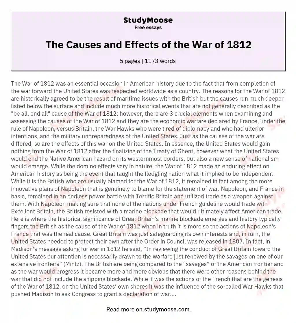 thesis statement about the war of 1812
