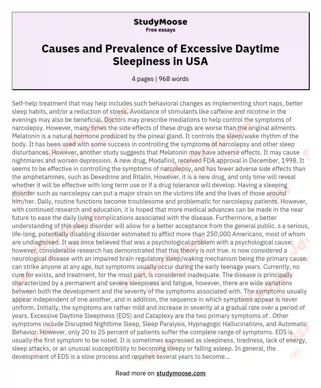 Causes and Prevalence of Excessive Daytime Sleepiness in USA essay