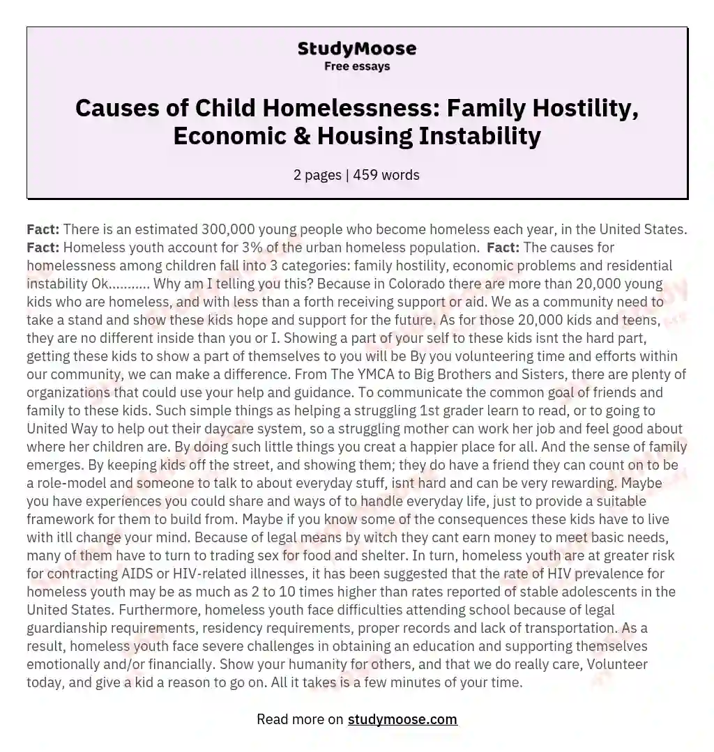 Causes of Child Homelessness: Family Hostility, Economic & Housing Instability essay