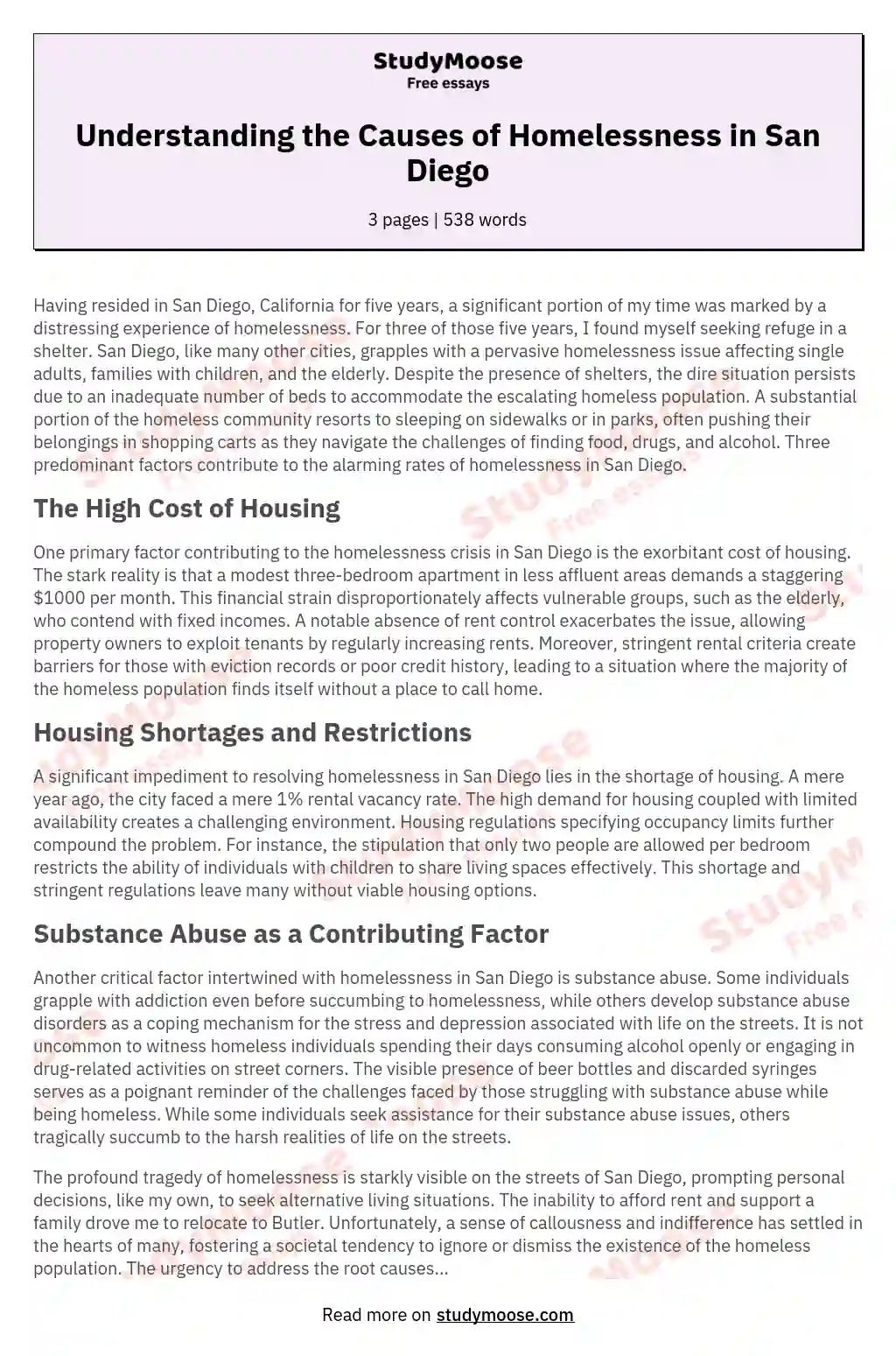 Understanding the Causes of Homelessness in San Diego essay